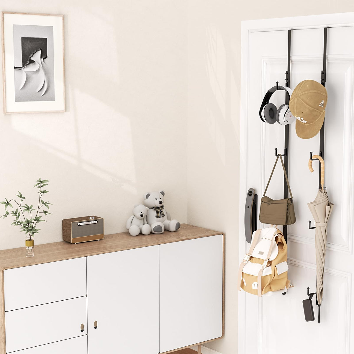 Versatile organizer holds hats, scarves, belts for closet or bedroom.