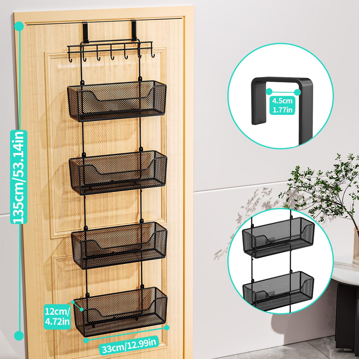 Multipurpose door storage holding spices, cosmetics, snacks, and more.