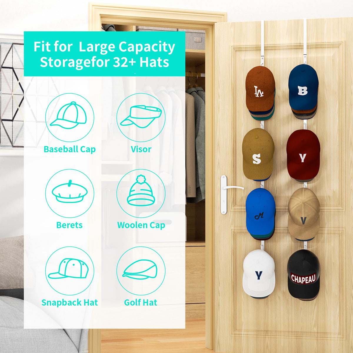 HapiRm over door hat rack in closet demonstrates easy access and tidy organization.