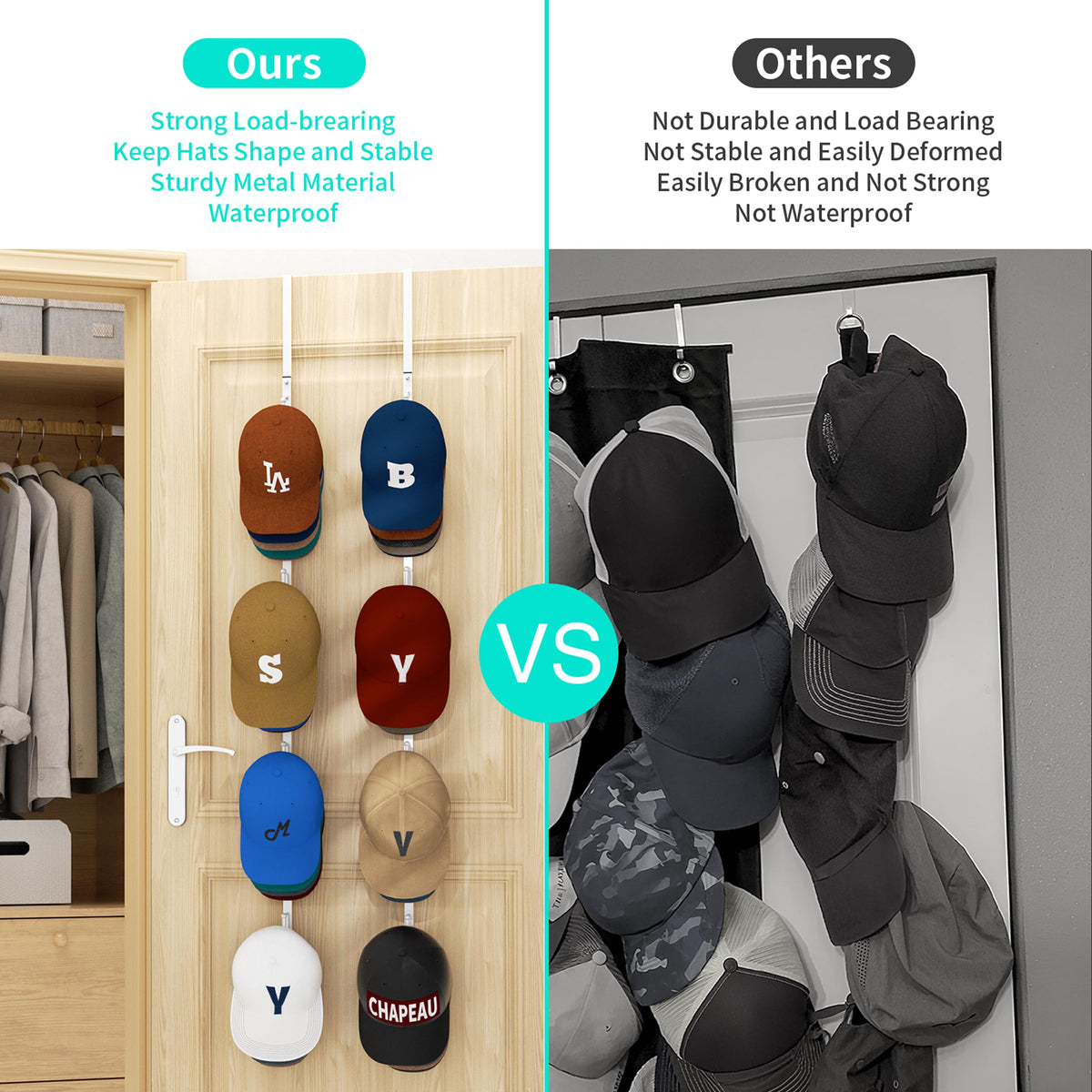 HapiRm over door hat rack side view highlights compact, space-saving profile.