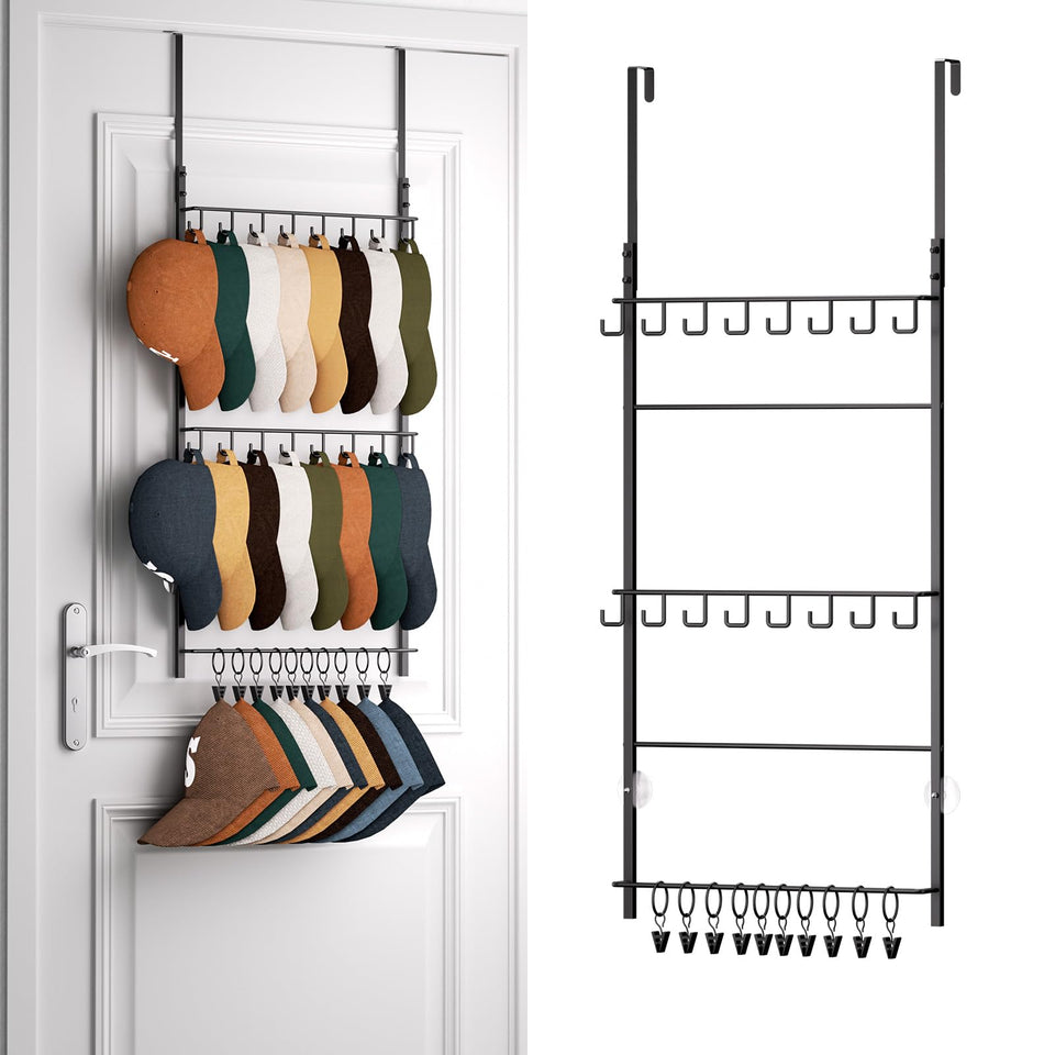 HapiRm over door hat rack with 3-tier design for compact storage.