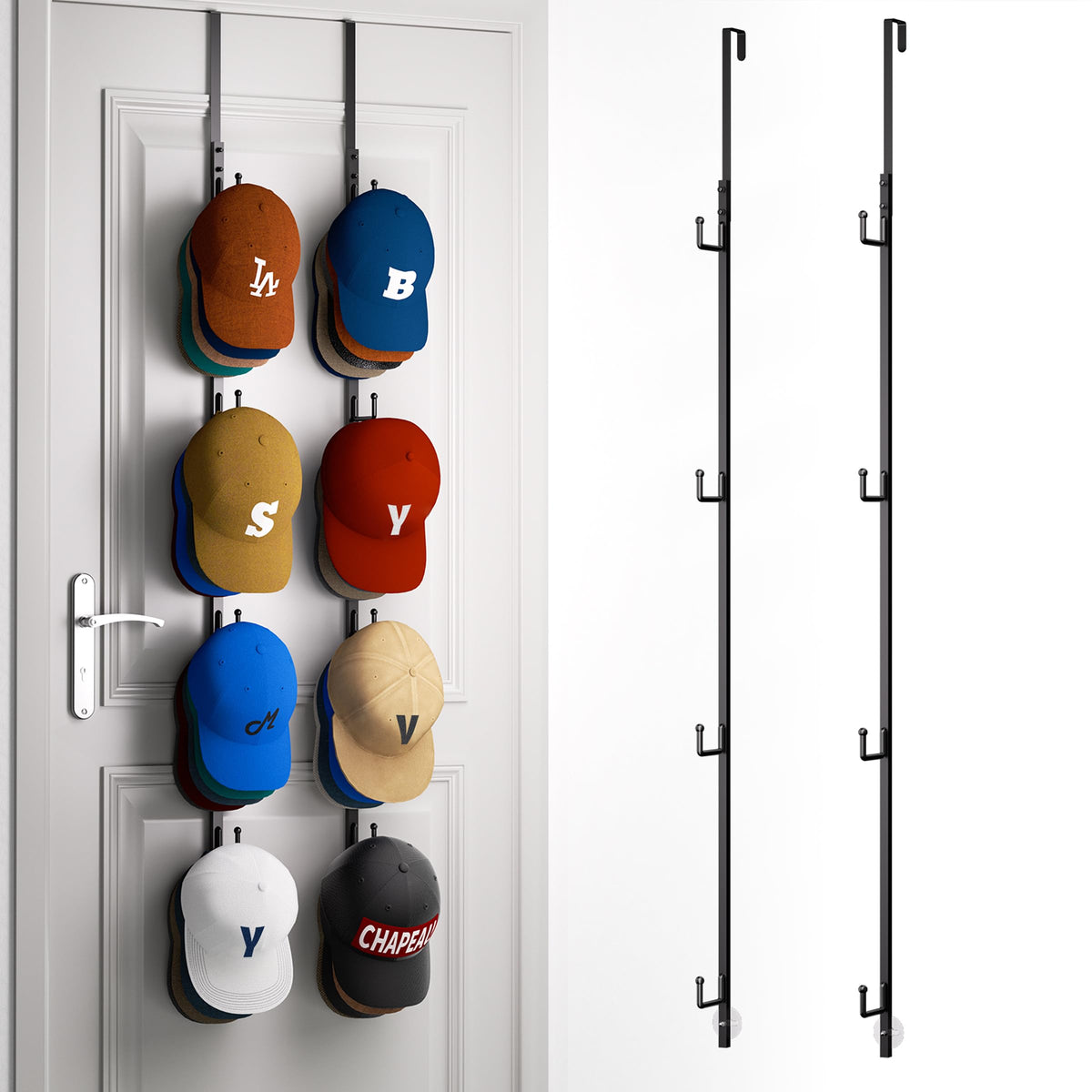 HapiRm over-door hat rack with 8 hooks keeps caps organized and within reach.