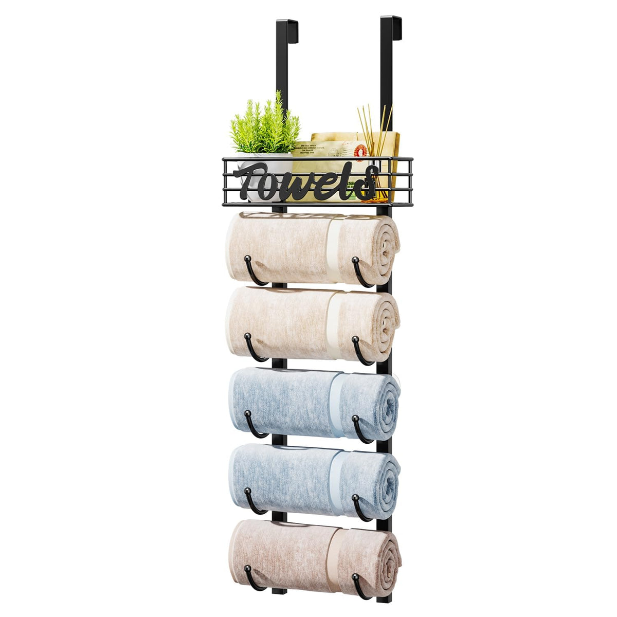 HapiRm over-door towel rack with six tiers in a compact bathroom