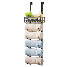 HapiRm over-door towel rack with six tiers in a compact bathroom