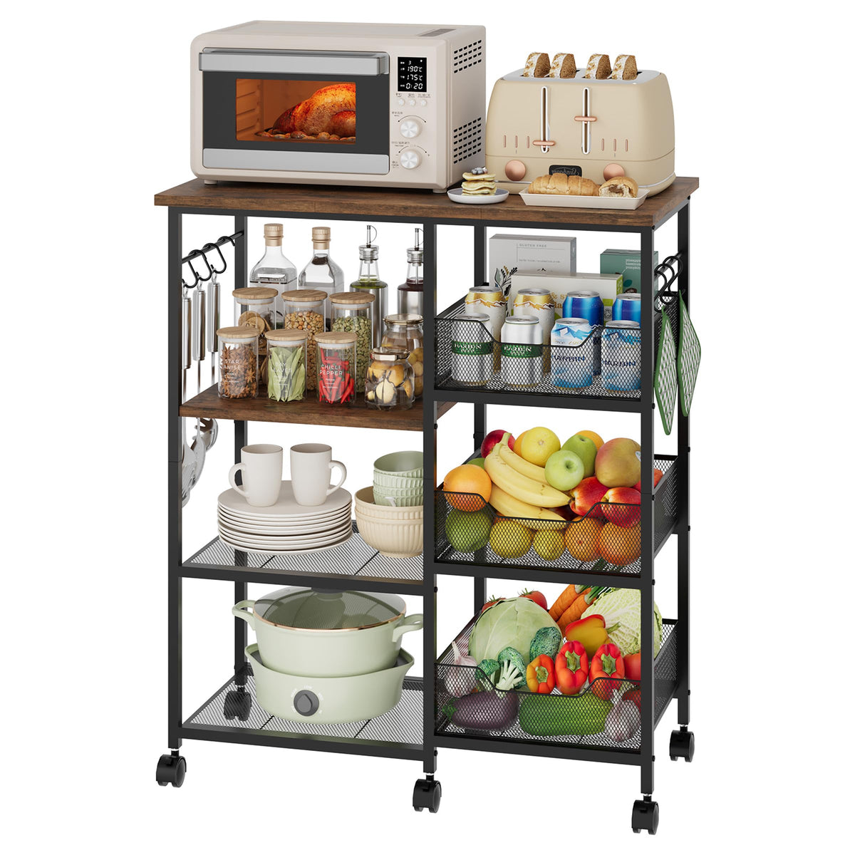 HapiRm rolling kitchen cart with three diamond baskets neatly organizes appliances and ingredients.
