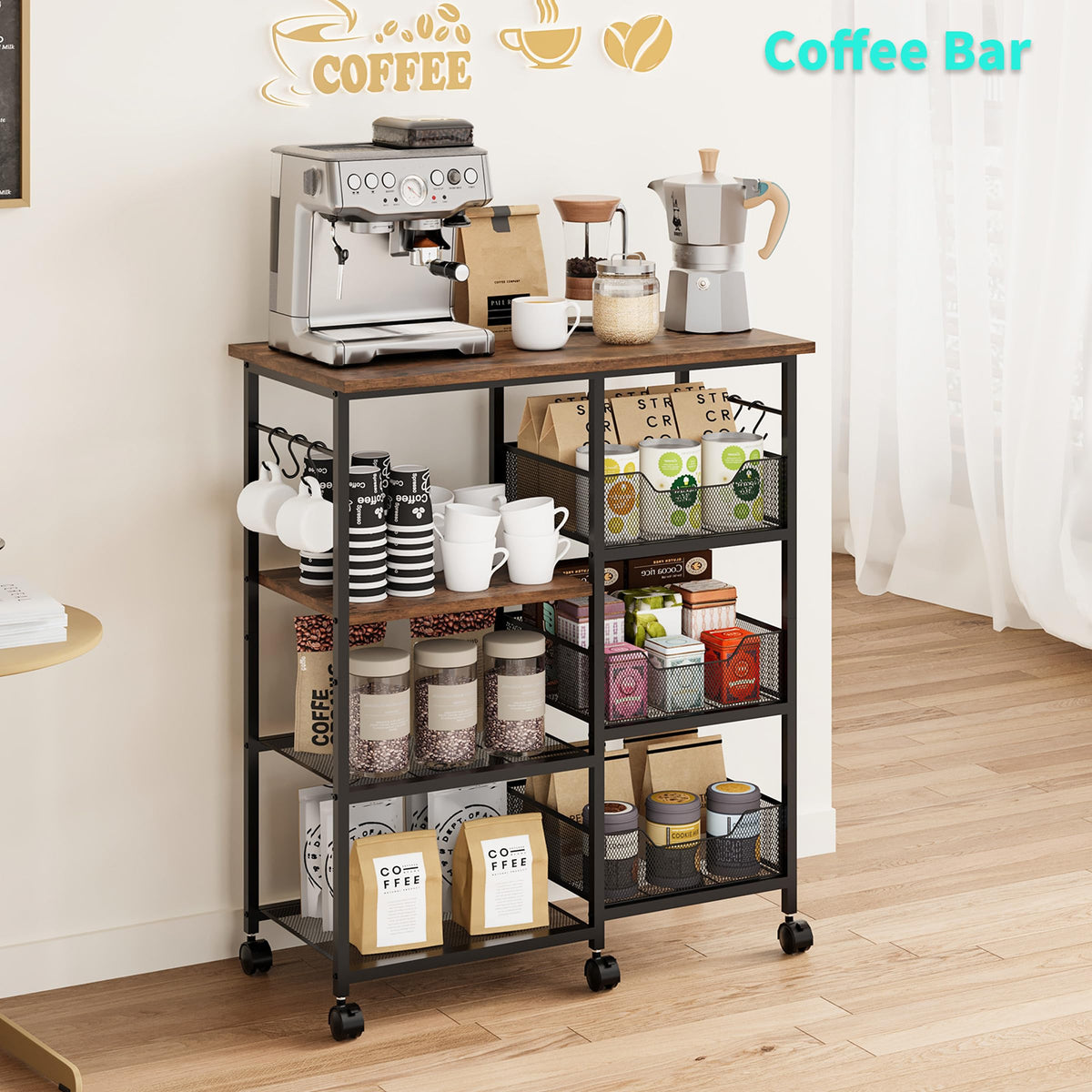 HapiRm kitchen cart six S-shaped hooks keep utensils within easy reach.