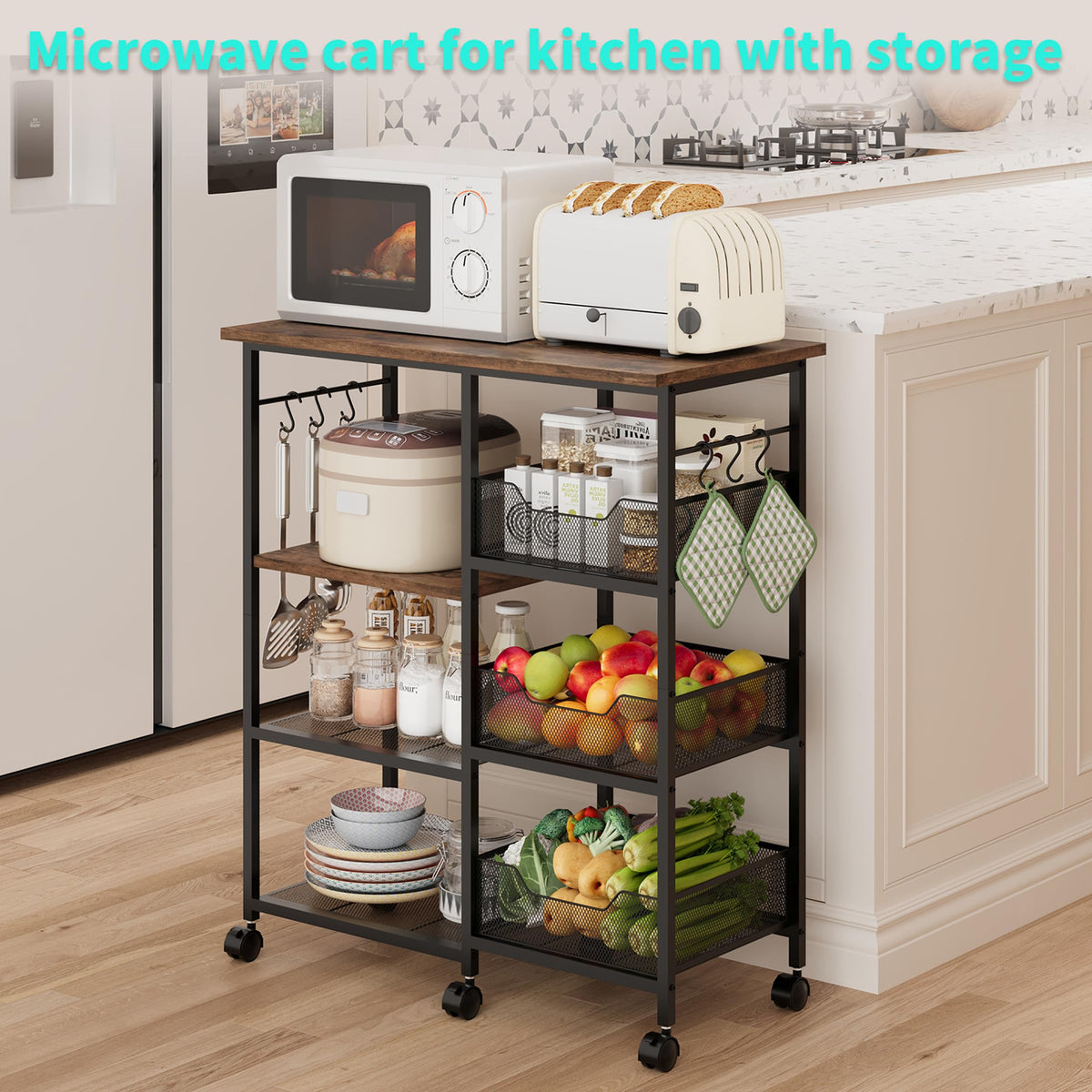 HapiRm kitchen cart with lockable wheels glides easily between rooms for flexible serving.