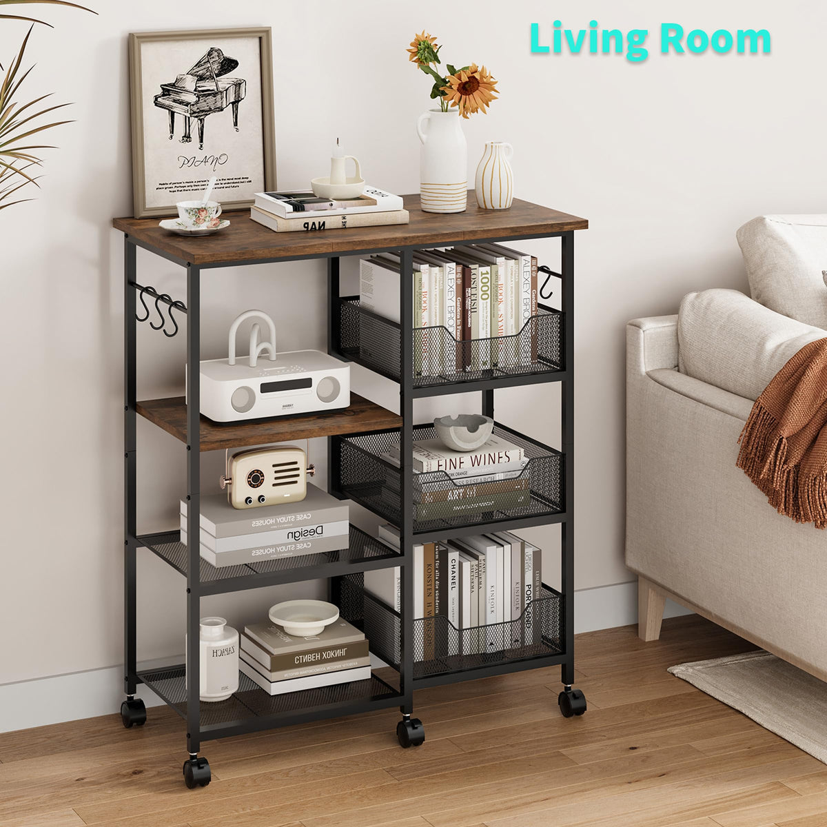 HapiRm microwave-ready cart fits a standard microwave on its countertop.