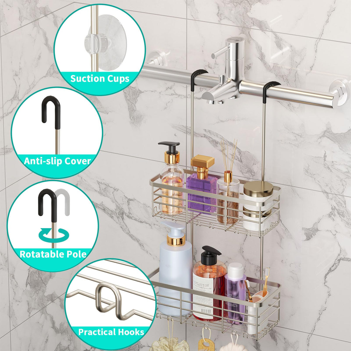 HapiRm shower shelf mounted on curtain rod demonstrates flexible organization
