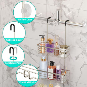 HapiRm shower shelf mounted on curtain rod demonstrates flexible organization