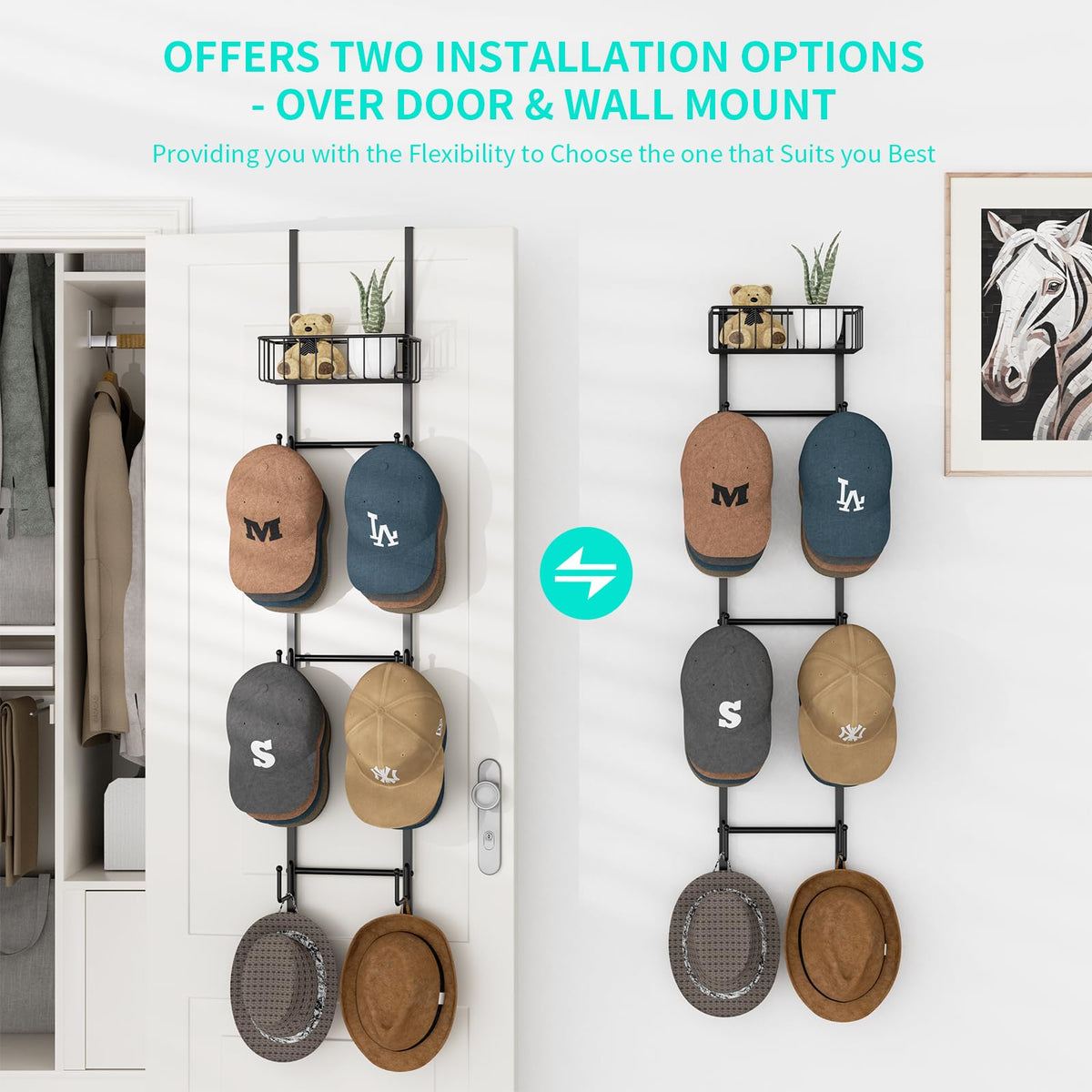 HapiRm six-hook system with integrated basket keeps caps organized and accessible.