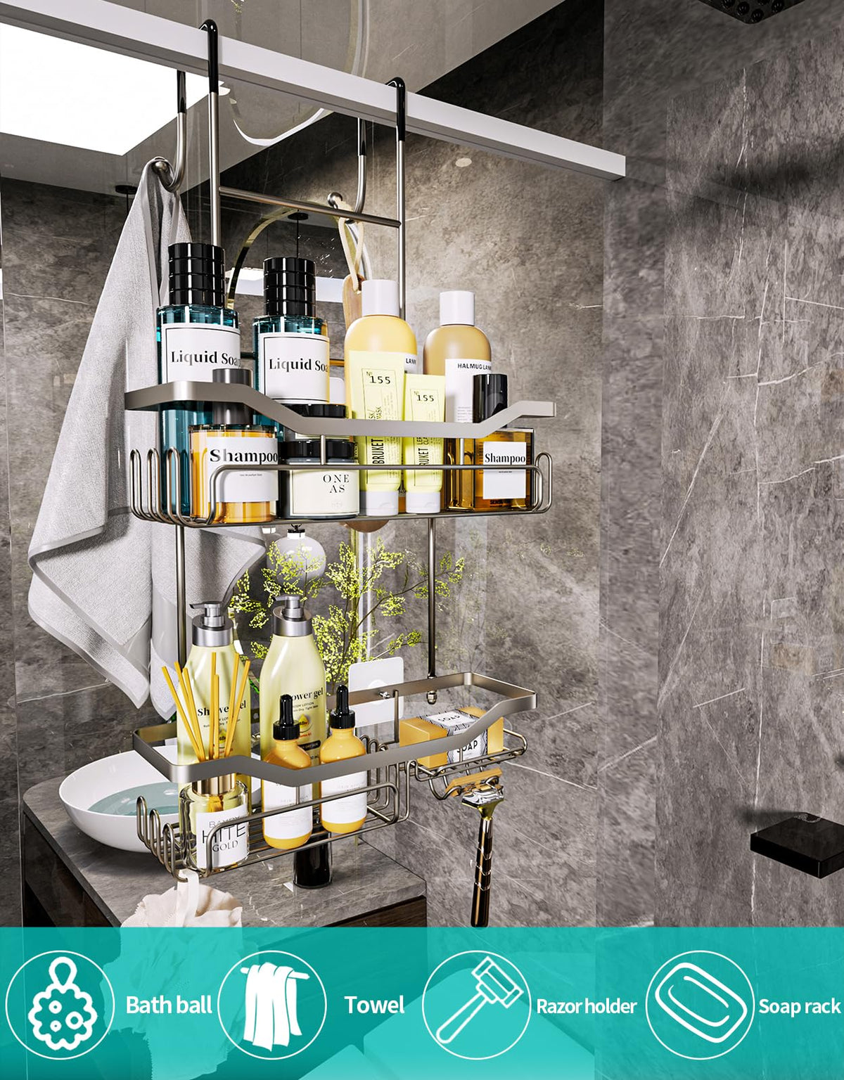 HapiRm soap holder integrated with the caddy keeps soap handy during showers