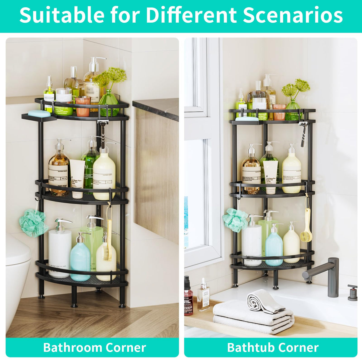 HapiRm space-saving corner organizer fits small bathrooms while storing toiletries.