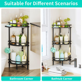 HapiRm space-saving corner organizer fits small bathrooms while storing toiletries.