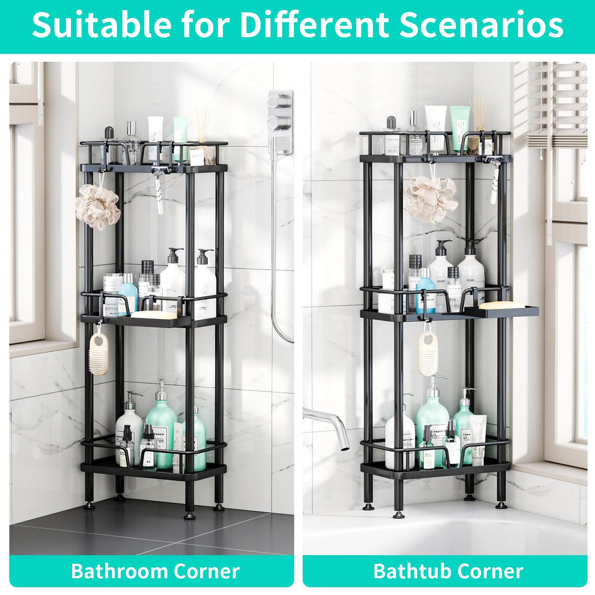 HapiRm space-saving corner storage fits into small bathrooms.
