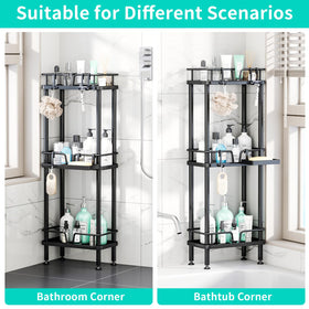 HapiRm space-saving corner storage fits into small bathrooms.