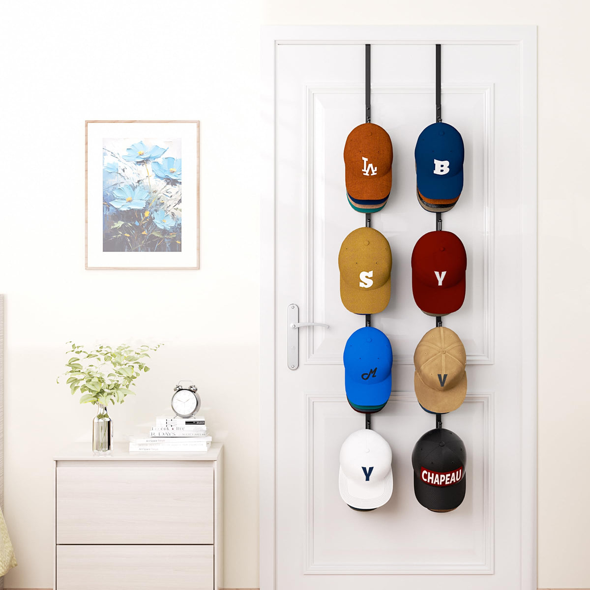 Space-saving design keeps hats accessible behind closet or bedroom doors.