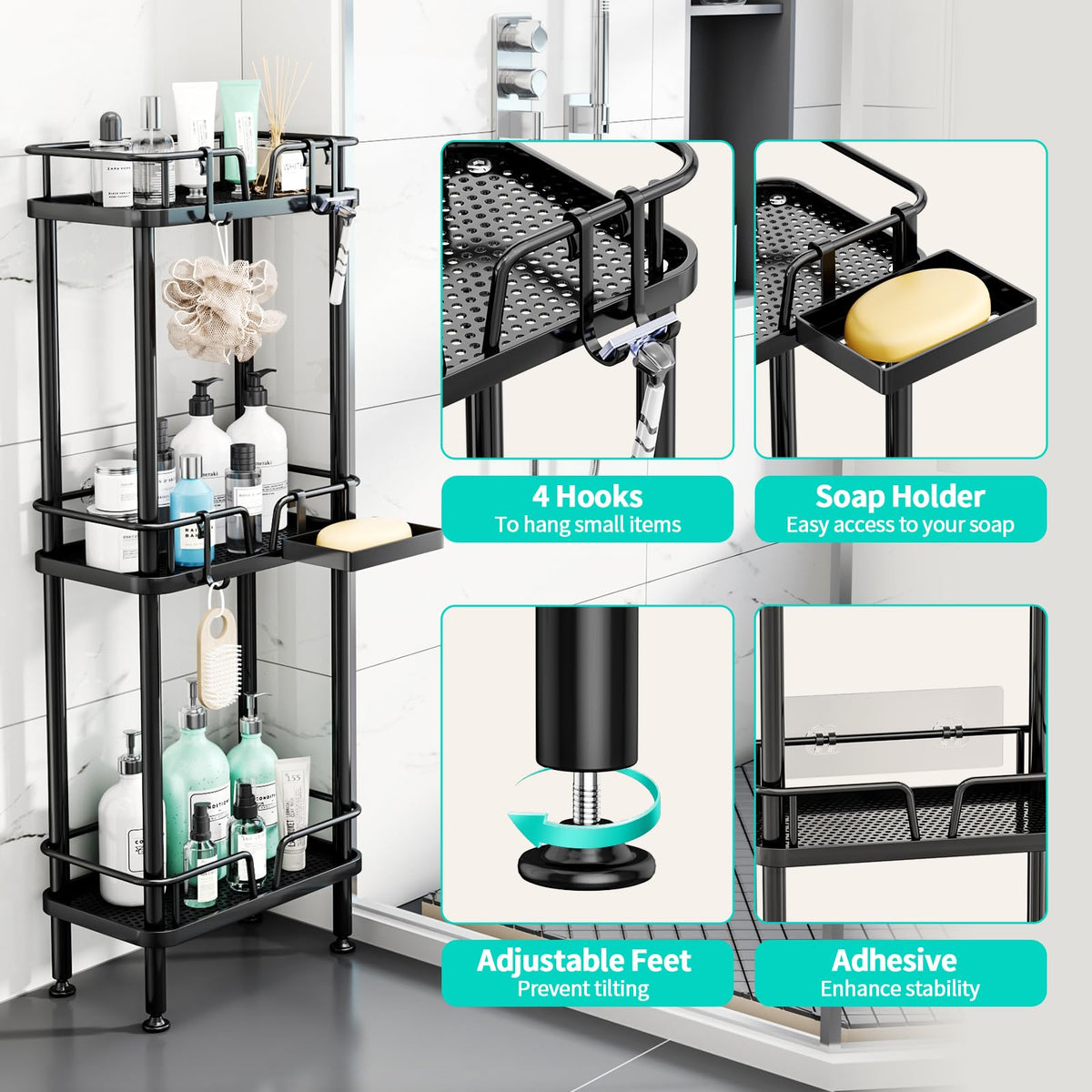 HapiRm stainless steel shelves with four hooks for easy organization.