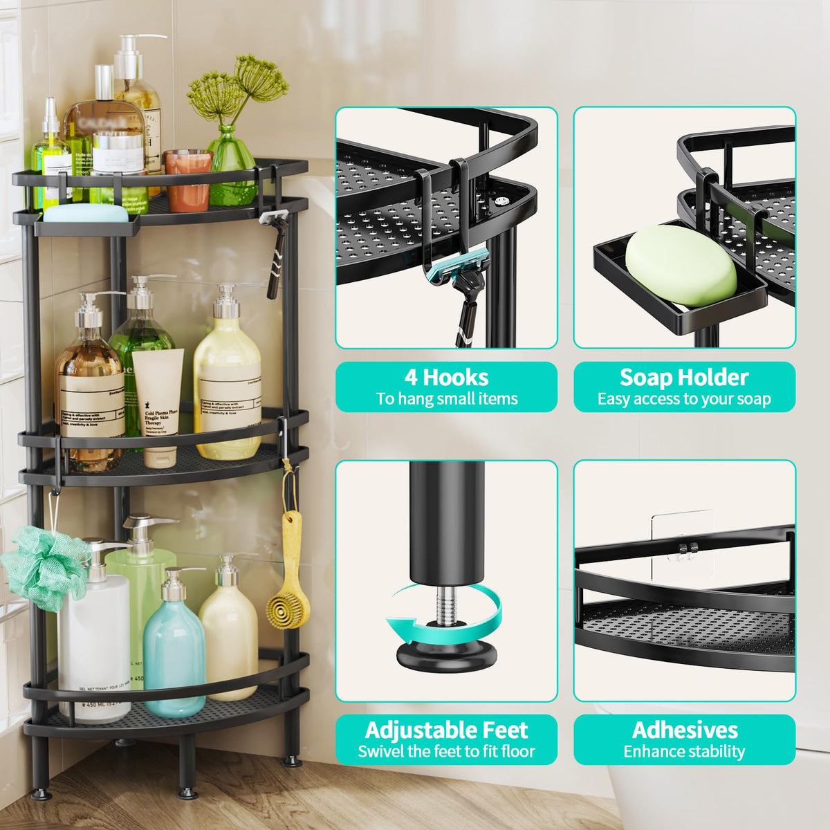 HapiRm stainless steel shower tower is waterproof and rustproof for durable bathroom storage.