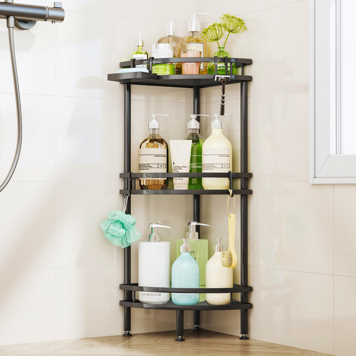 HapiRm standing corner shower caddy with a 3-tier setup keeps bath items organized.