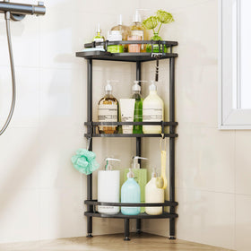 HapiRm standing corner shower caddy with a 3-tier setup keeps bath items organized.