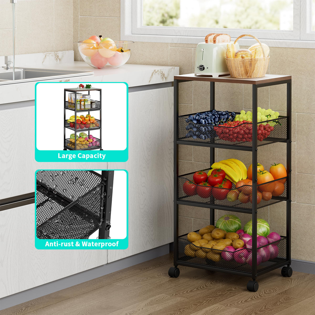 HapiRm tilted baskets provide quick access to snacks and produce.