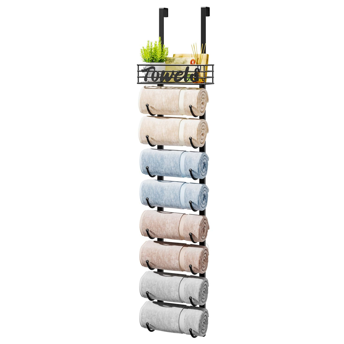 HapiRm over-door towel rack in black demonstrates space-saving design for small bathrooms.