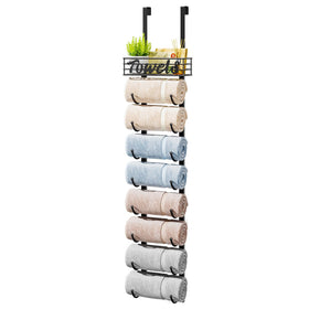 HapiRm over-door towel rack in black demonstrates space-saving design for small bathrooms.