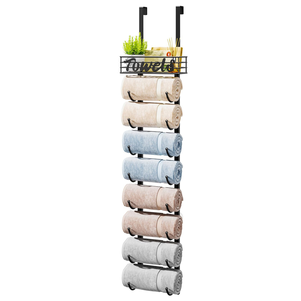 HapiRm over-door towel rack in black demonstrates space-saving design for small bathrooms.