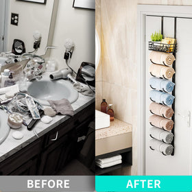 HapiRm space-saving organizer stores towels and small items efficiently.