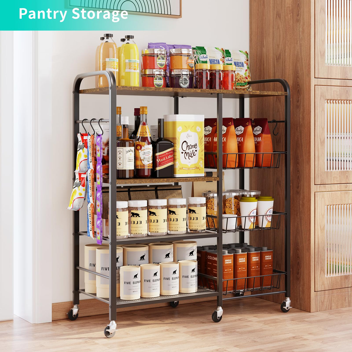HapiRm cart with six S-hooks enables vertical storage for utensils and towels.
