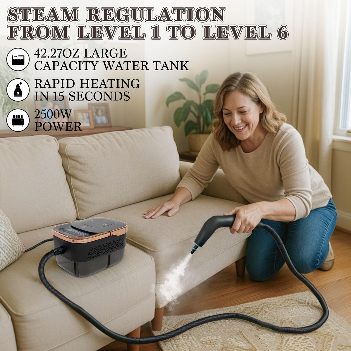 Happudeok Steam Cleaner 42oz tank extends cleaning sessions with fewer refills
