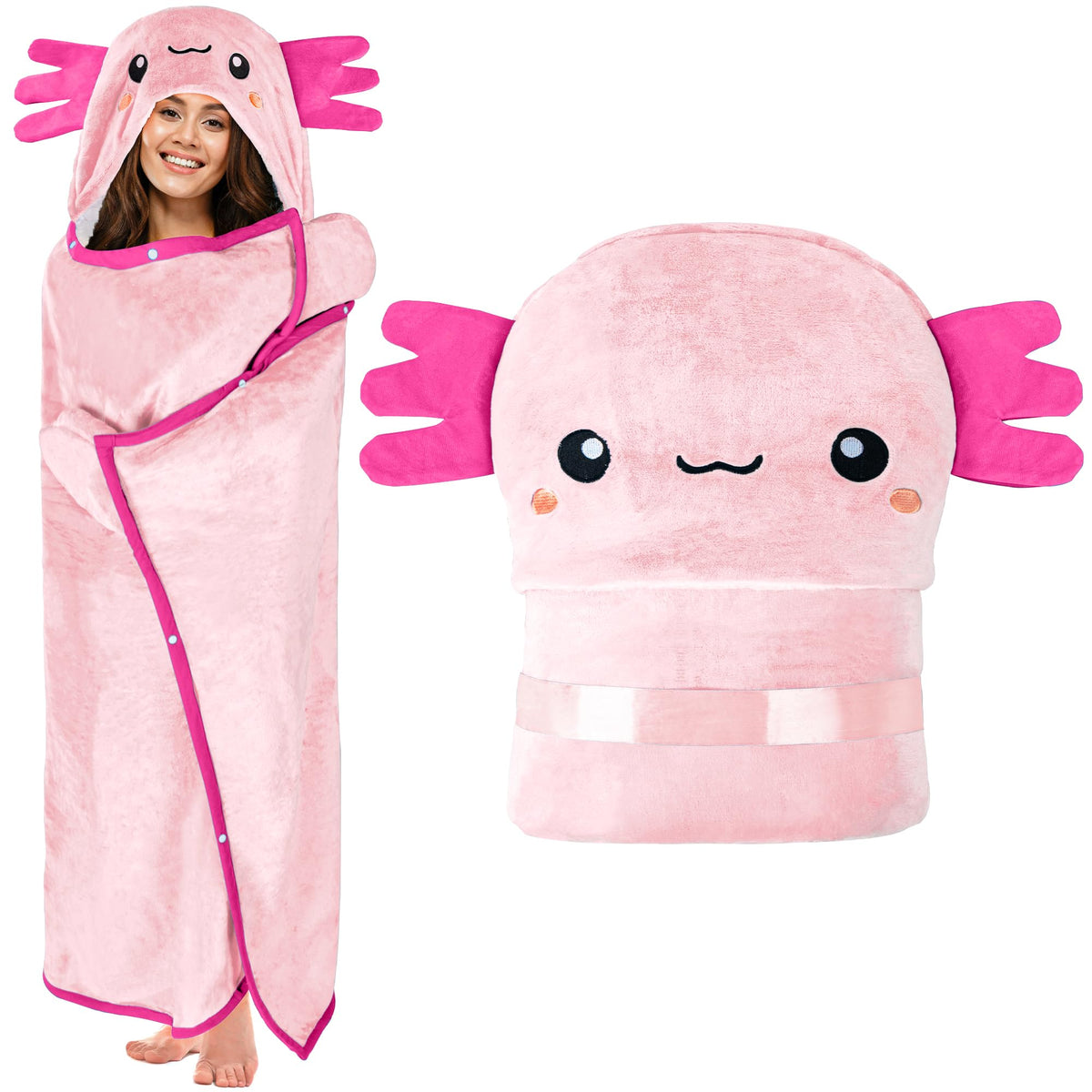 Happy Fuel Axolotl hooded blanket, front view, extra warmth for cozy evenings.