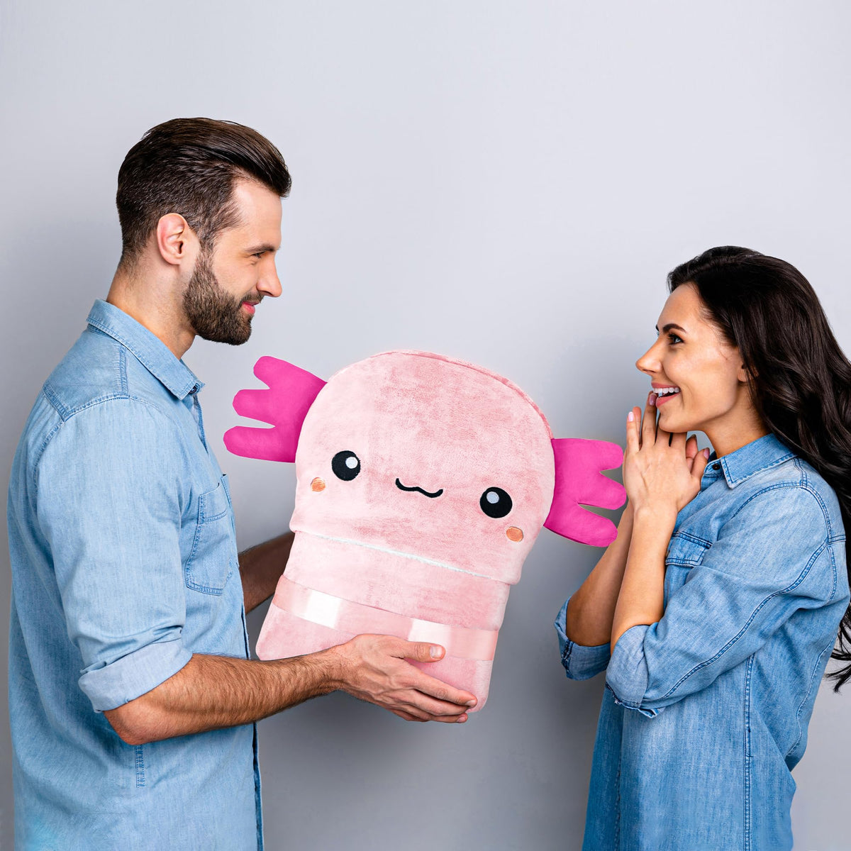 Happy Fuel Axolotl hooded blanket shows plush sherpa and flannel details for softness.