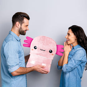 Happy Fuel Axolotl hooded blanket shows plush sherpa and flannel details for softness.