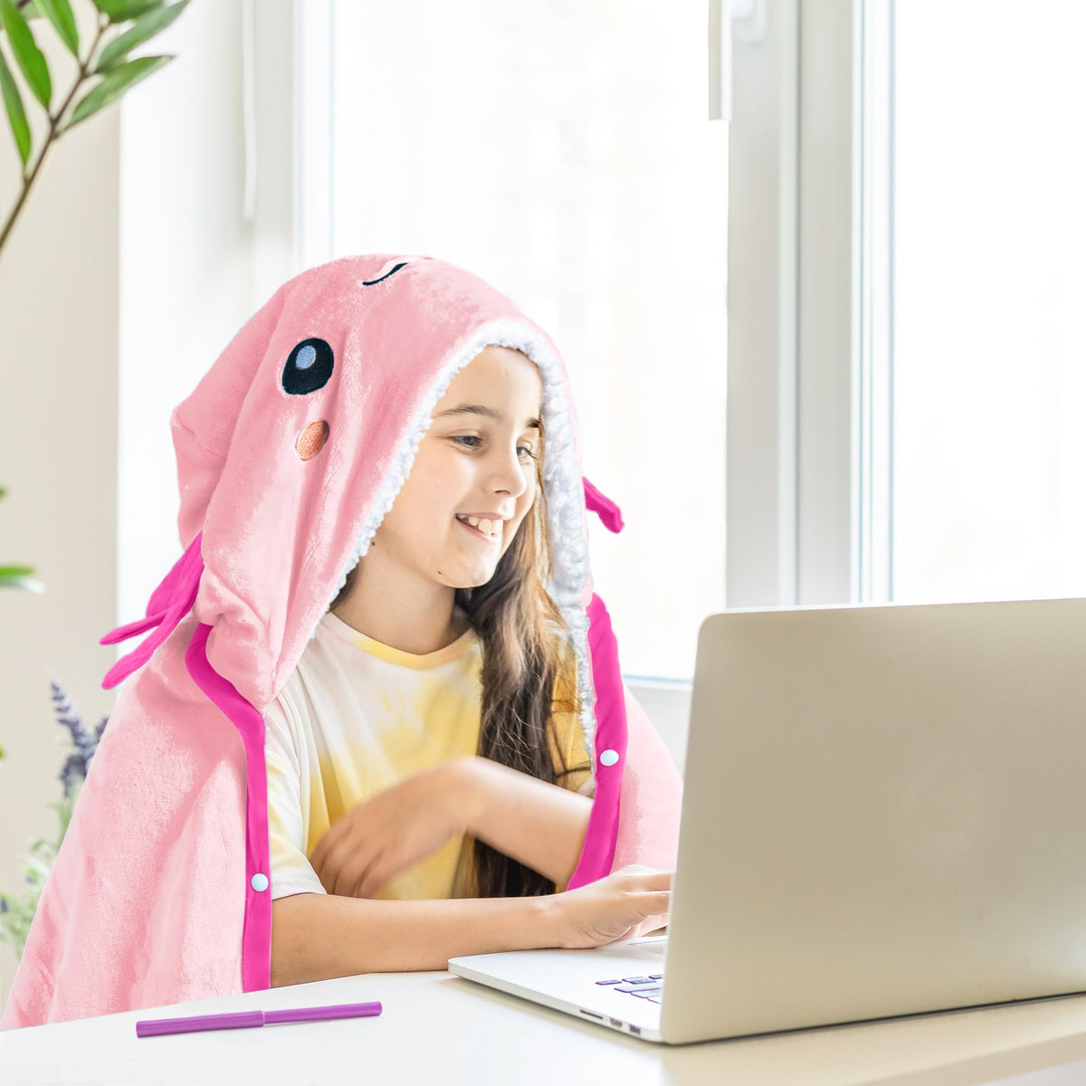 Happy Fuel Axolotl hooded blanket size 60x52 inches for universal wrap.