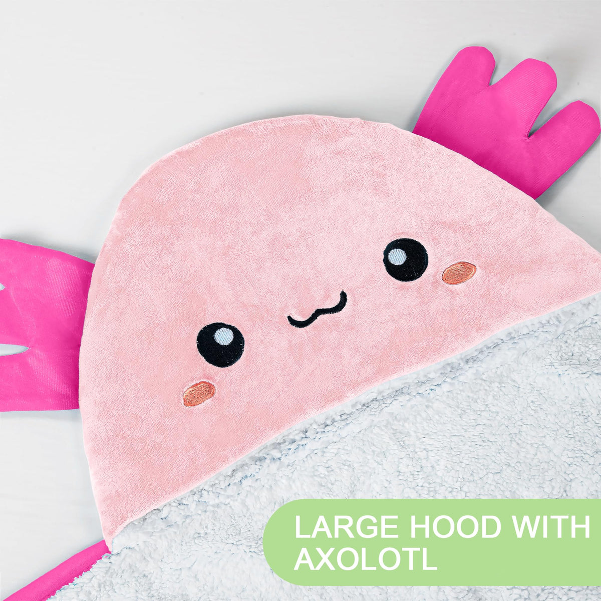 Happy Fuel Axolotl hooded blanket worn as cape for hands-free comfort.