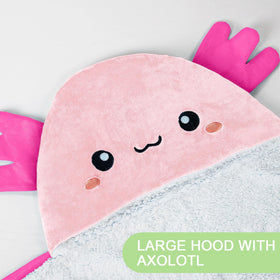 Happy Fuel Axolotl hooded blanket worn as cape for hands-free comfort.