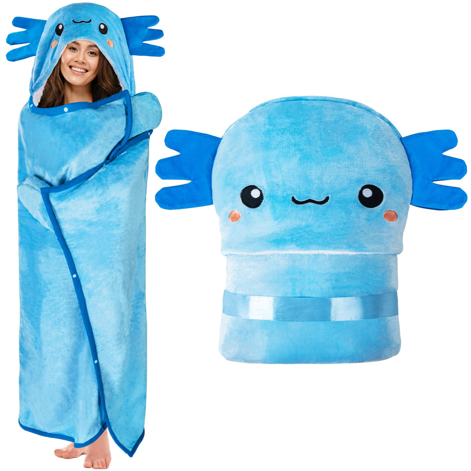 Happy Fuel Axolotl wearable hooded blanket front view, cozy warmth for chilly days.