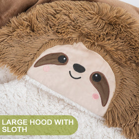 Happy Fuel sloth hooded blanket closeup highlights plush sherpa and faux fur for soft warmth.