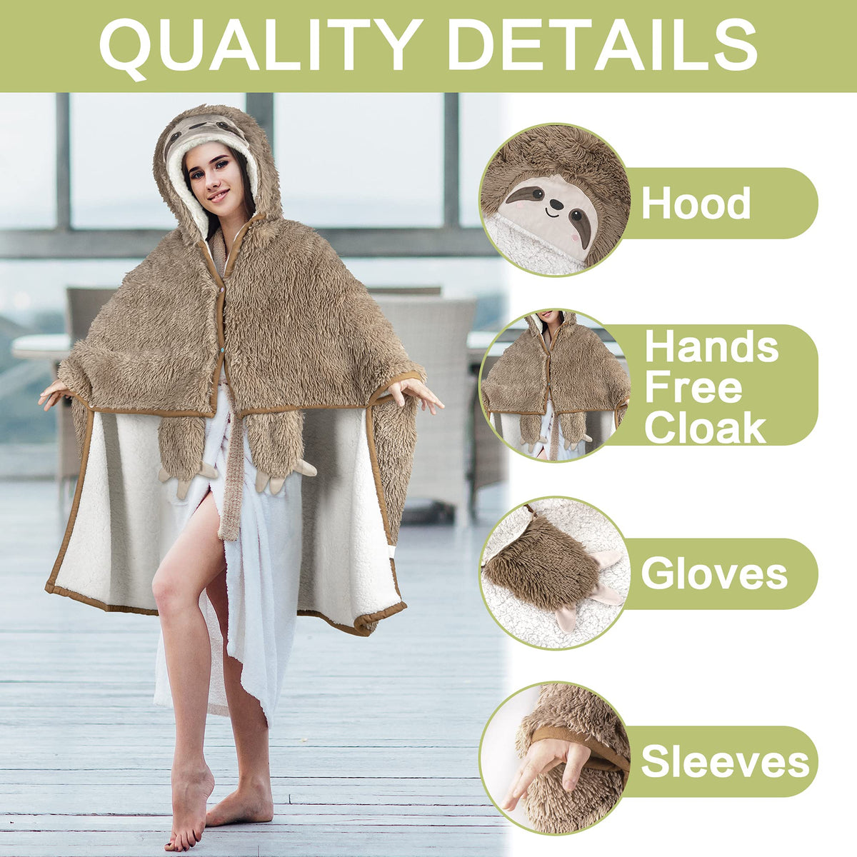 Happy Fuel sloth wearable blanket in cozy living room scene for relaxing comfort.