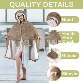 Happy Fuel sloth wearable blanket in cozy living room scene for relaxing comfort.