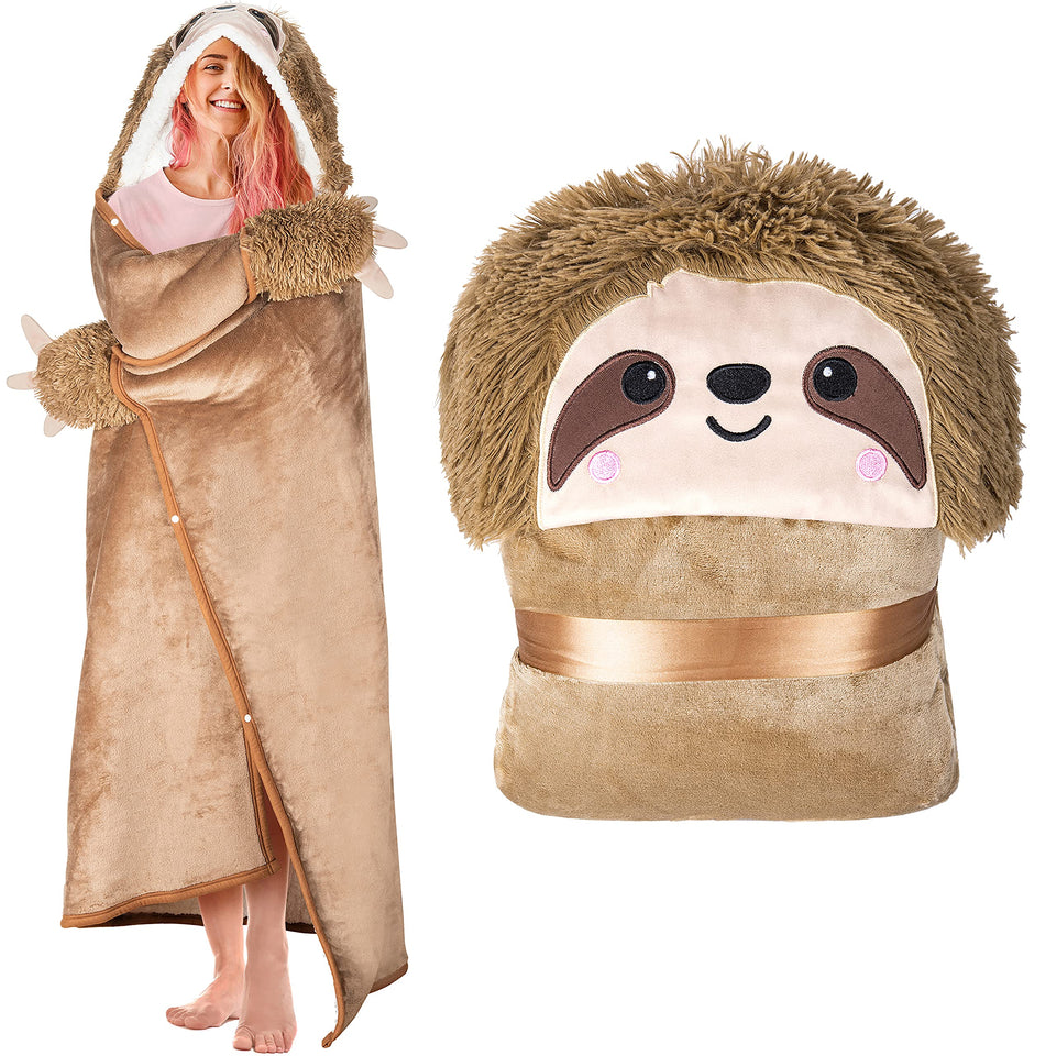 Happy Fuel Sloth wearable hooded blanket front view, plush warmth for lounging