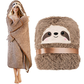 Happy Fuel sloth wearable hooded blanket model wearing for luxurious warmth.