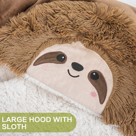 Happy Fuel Sloth blanket worn from the side, hands-free warmth for coffee breaks