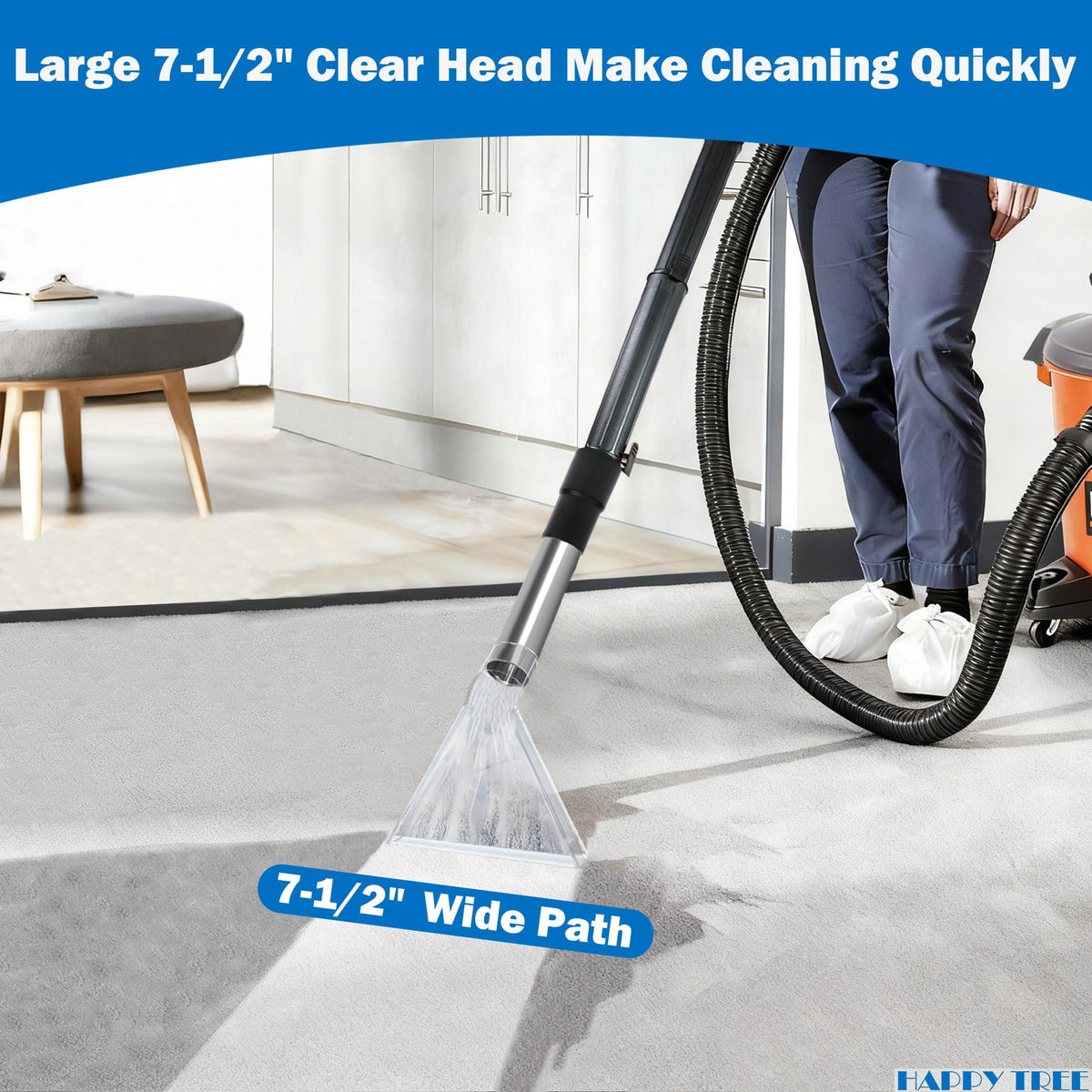 Happy Tree unbreakable-clear-head shows dirt real-time while cleaning upholstery and carpets.