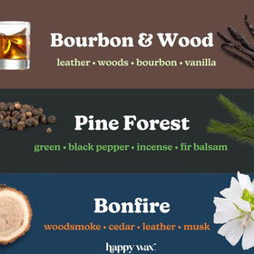 Happy Wax Cozy Cabin bourbon & wood melt with rich woody notes