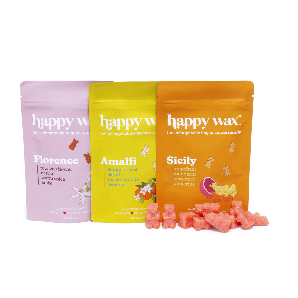 Happy Wax Italian Mix Sicily bear melts offer a citrus lift for living spaces.