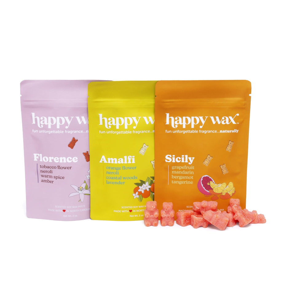 Happy Wax Italian Mix Sicily bear melts offer a citrus lift for living spaces.
