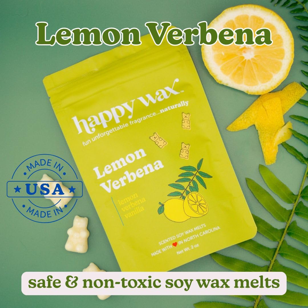 Happy Wax packaging highlights recyclable materials and hand-poured craft.